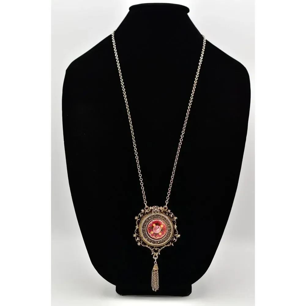Vintage Locket Pendant Tassel Necklace Rose Painted Floral Heavy Antiqued BinA17